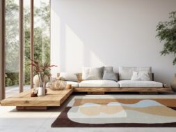 modern living room with brown leather sofa and black picture on the wall