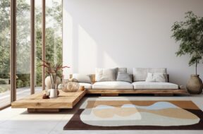 modern living room with brown leather sofa and black picture on the wall